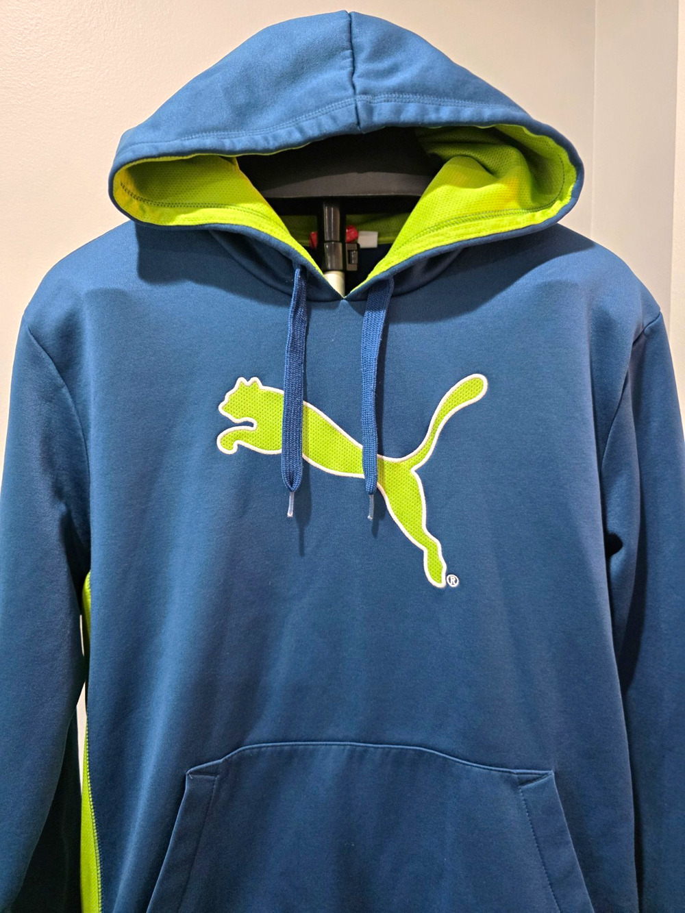 PUMA Men’s Fleece Pullover Hoodie Blue Green Graphic Logo Pockets Size L
